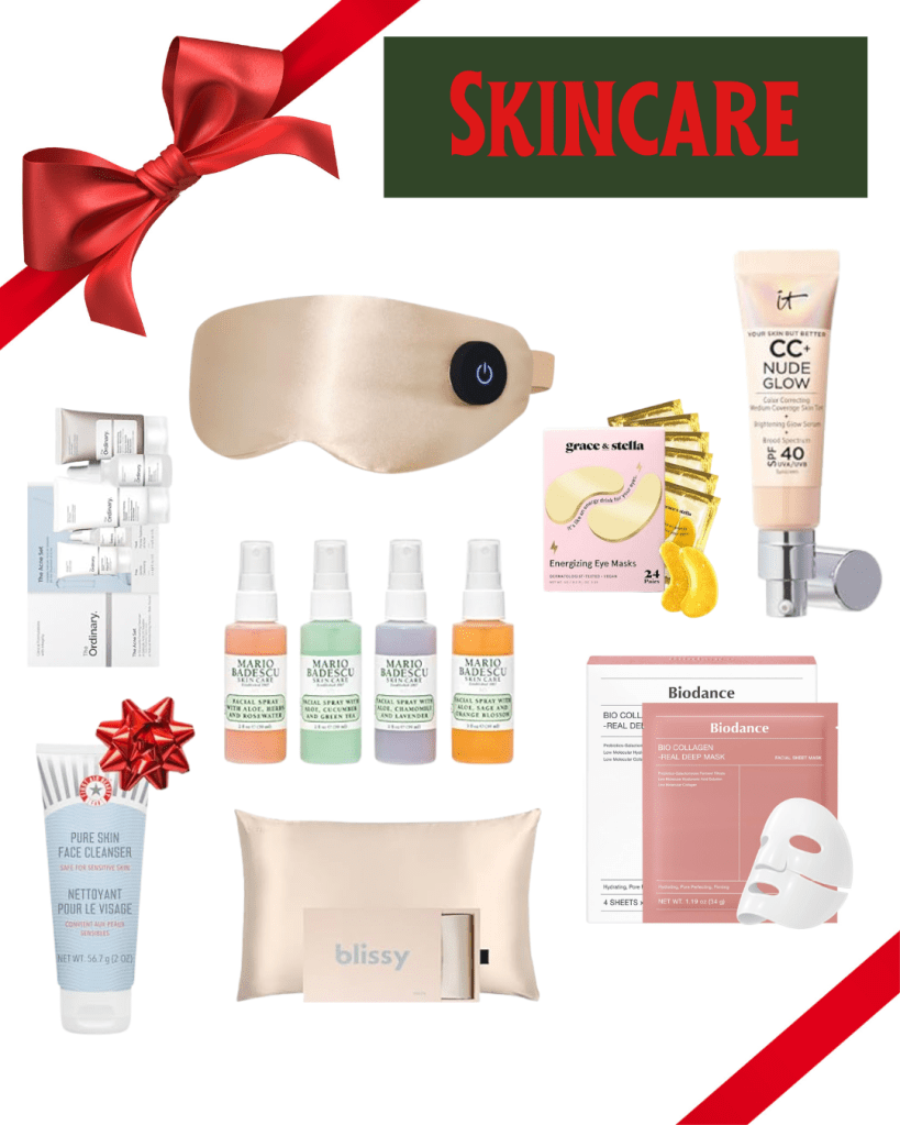 ift guide collage for SKINCARE products. Featured items include a gold, electronic vibrating sleep mask, a selection of Mario Badescu facial mists (rosewater, cucumber, chamomile, orange blossom), a full-size IT Cosmetics CC+ Nude Glow SPF 40, Biodance Bio-Collagen Real Deep Mask set, Pure Skin face cleanser, grace & stella energizing eye masks, The Ordinary serums, and a Blissy silk pillowcase with its box. Keywords: skincare gift guide, beauty gifts, facial mist, silk pillowcase, Blissy, Biodance mask, IT Cosmetics CC cream, self-care gifts, holiday beauty, pure skin cleanser
