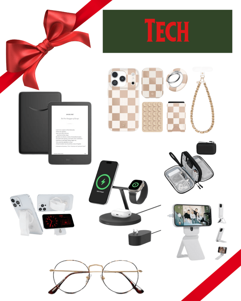 Gift guide collage for TECH and electronics accessories. Featured items include an Amazon Kindle E-reader, a Magsafe-compatible magnetic stand for an iPhone and Apple Watch, a portable travel organizer for cords/accessories, various patterned phone cases (checkered/checkerboard print), pop sockets, a phone ring grip, a beaded wrist strap/lanyard, and a pair of round, gold-rimmed blue light blocking glasses. Keywords: tech gifts, gadget gift guide, iPhone accessories, Magsafe charger, Apple Watch stand, Kindle E-reader, checkered phone case, blue light glasses, travel tech organizer, holiday electronics.